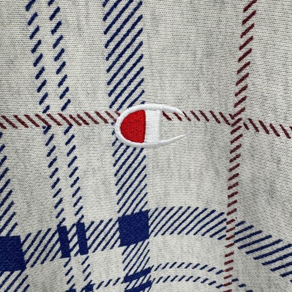 Champion Hoodie Mens Small Reverse Weave Gray Blue Plaid Pullover Comfy - Picture 2 of 9